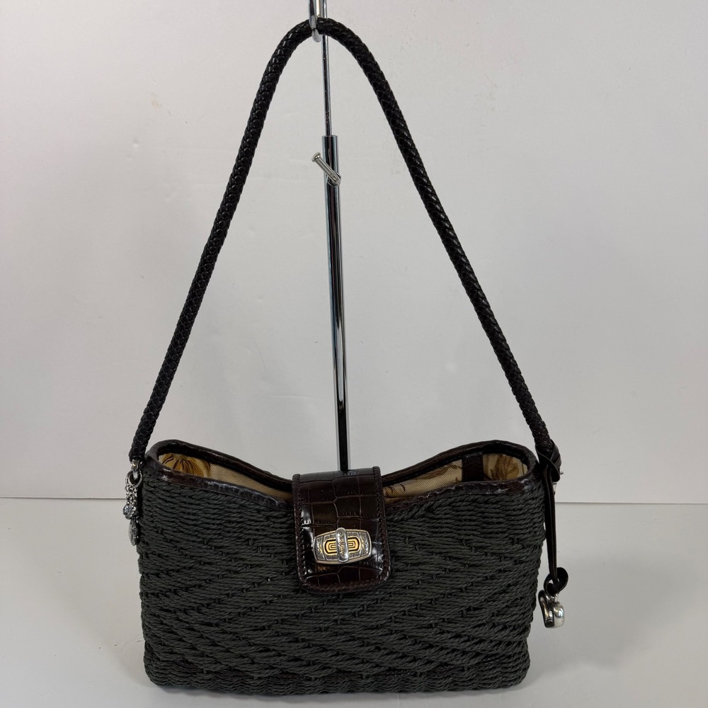 Brighton Woven Raffia Shoulder Bag Brown Leather Heart Charms Boho Purse